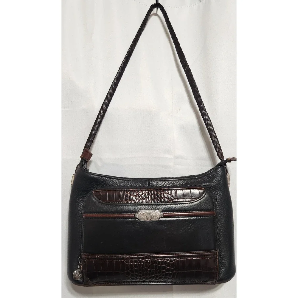 Brighton Black Leather Shoulder Bag Croc Embossed Organizer Wallet Purse Brown